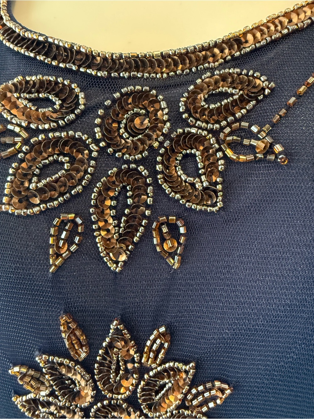 Pisarro Nights Navy Blue Midi Dress with Gold Floral Embroidery beads and sequin - Picture 5 of 15